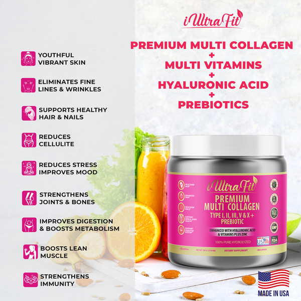 Premium Multi Collagen Plus Prebiotic, Hyaluronic Acid & Vitamins